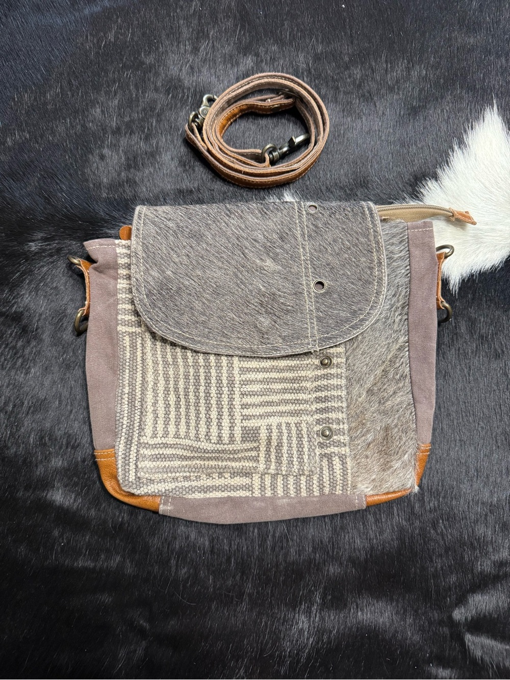 Myra Neutral Gray & Tan Crossbody Bag with Genuine Cowhide Panel